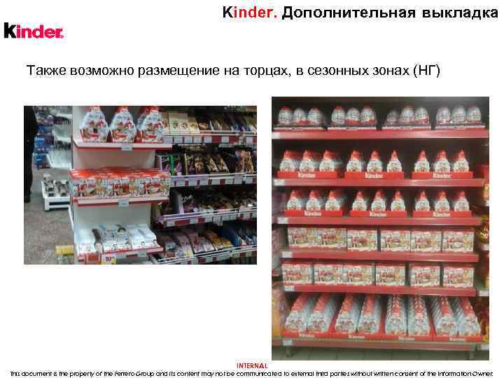 Kinder. Дополнительная выкладка Также возможно размещение на торцах, в сезонных зонах (НГ) INTERNAL This