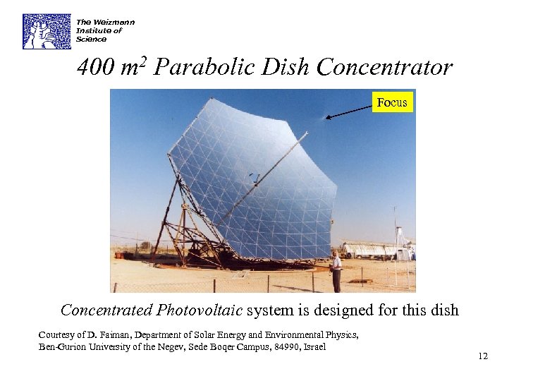 The Weizmann Institute of Science 400 m 2 Parabolic Dish Concentrator Focus Concentrated Photovoltaic