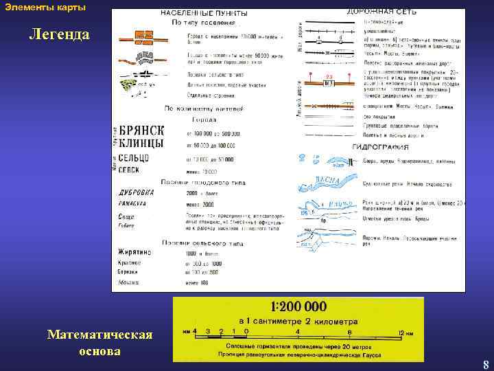 Элементы карты Легенда Математическая основа 8 