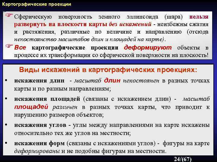 Картографические проекции F Сферическую поверхность земного эллипсоида (шара) нельзя развернуть на плоскости карты без
