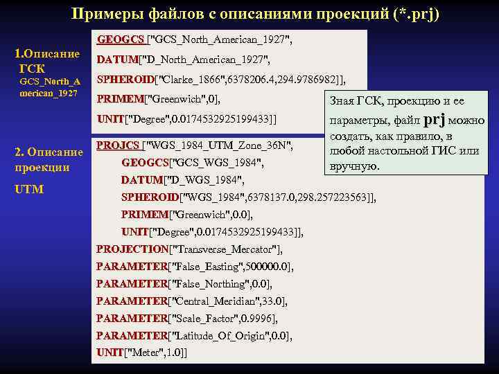 Примеры файлов с описаниями проекций (*. prj) GEOGCS [