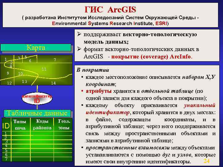 ГИС Arc. GIS ( разработана Институтом Исследований Систем Окружающей Среды Environmental Systems Research Institute,