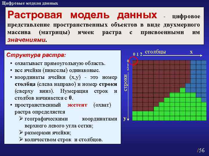 Цифровые модели данных Растровая модель данных цифровое представление пространственных объектов в виде двухмерного массива
