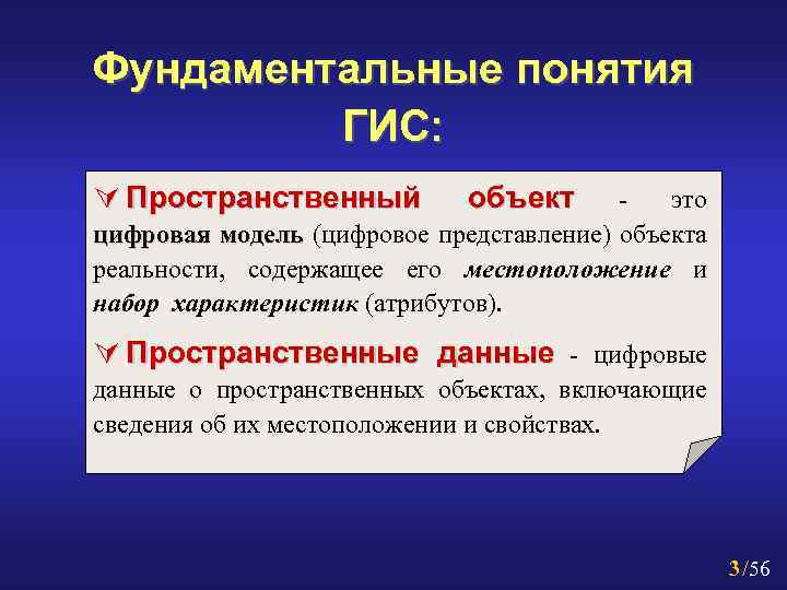 Фундаментальные понятия ГИС: Ú Пространственный объект - это цифровая модель (цифровое представление) объекта модель