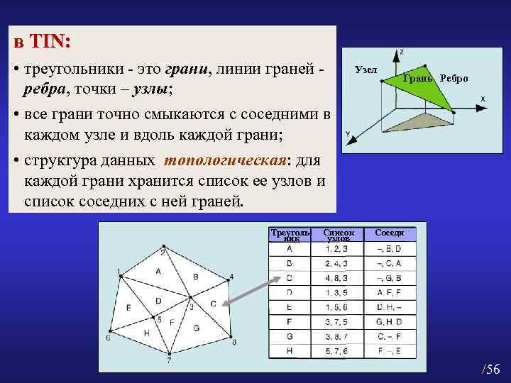 в TIN: • треугольники - это грани, линии граней - ребра, точки – узлы;