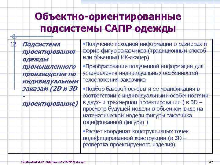 Объектно-ориентированные подсистемы САПР одежды 12 Подсистема проектирования одежды промышленного производства по индивидуальным заказам (2