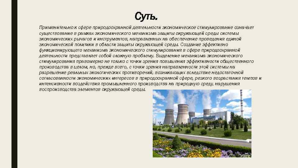 Суть. Применительно к сфере природоохранной деятельности экономическое стимулирование означает существование в рамках экономического механизма