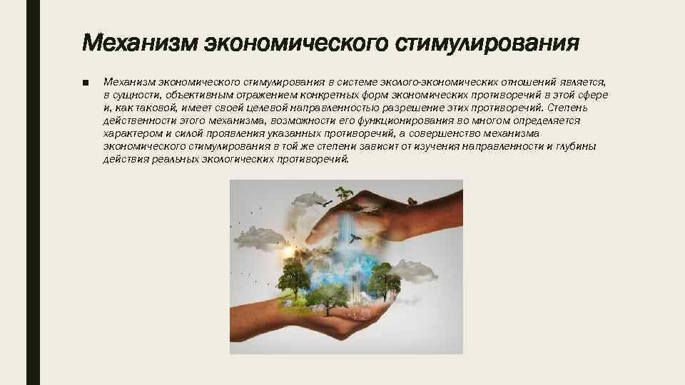 Механизм экономического стимулирования ■ Механизм экономического стимулирования в системе эколого-экономических отношений является, в сущности,