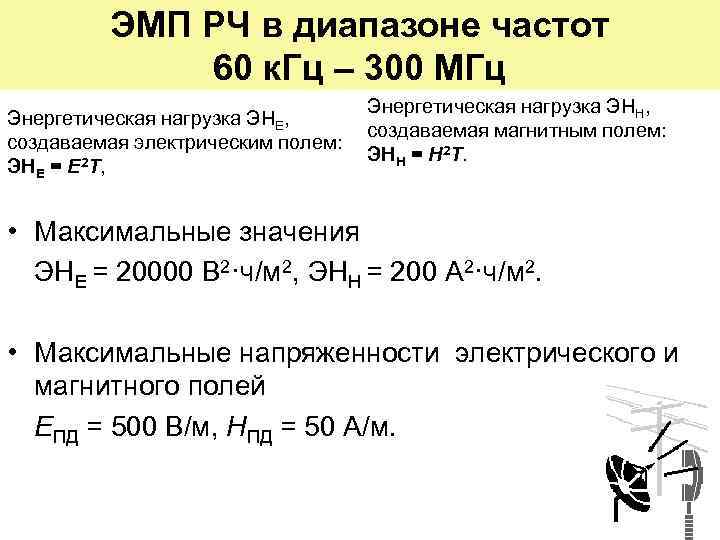 ЭМП РЧ в диапазоне частот 60 к. Гц – 300 МГц Энергетическая нагрузка ЭНЕ,