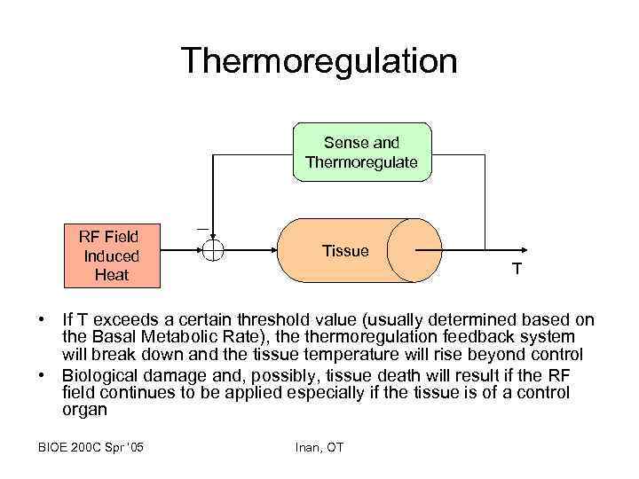 Thermoregulation Sense and Thermoregulate RF Field Induced Heat Tissue T • If T exceeds