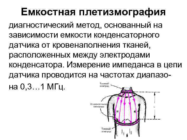 Емкостная плетизмография диагностический метод, основанный на зависимости емкости конденсаторного датчика от кровенаполнения тканей, расположенных