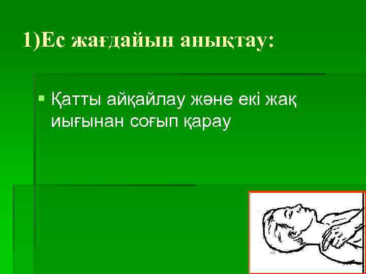 1)Ес жағдайын анықтау: § Қатты айқайлау және екі жақ иығынан соғып қарау 