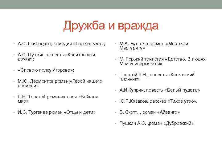 Дружба и вражда • А. С. Грибоедов, комедия «Горе от ума» ; • А.