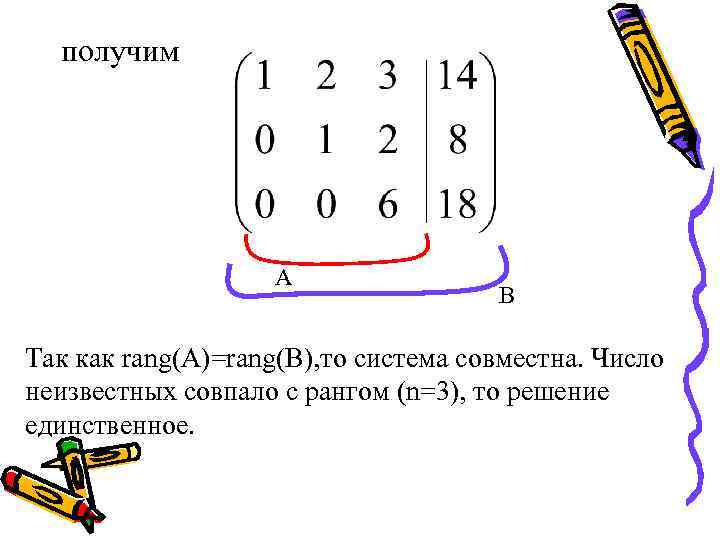 получим А В Так как rang(A)=rang(B), то система совместна. Число неизвестных совпало с рангом