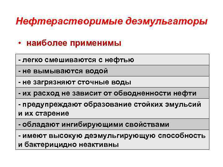 Нефтерастворимые деэмульгаторы • наиболее применимы - легко смешиваются с нефтью - не вымываются водой