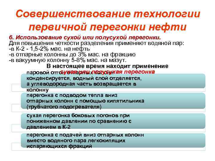 Совершенствование технологии первичной перегонки нефти 6. Использование сухой или полусухой перегонки. Для повышения четкости