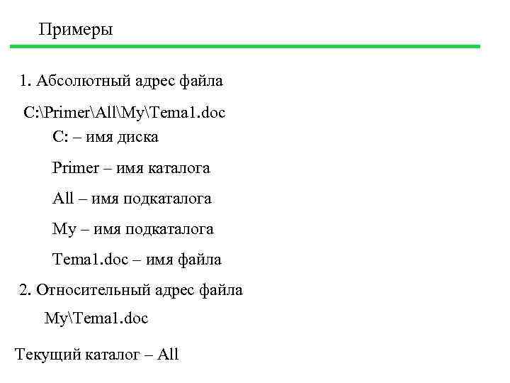 Примеры 1. Абсолютный адрес файла C: PrimerAllMyTema 1. doc C: – имя диска Primer