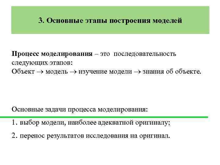 3. Основные этапы построения моделей Процесс моделирования – это последовательность следующих этапов: Объект модель