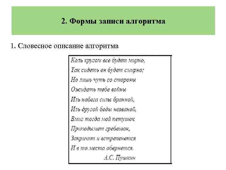 2. Формы записи алгоритма 1. Словесное описание алгоритма 