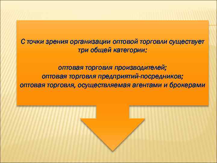 С точки зрения организации оптовой торговли существует три общей категории: оптовая торговля производителей; оптовая