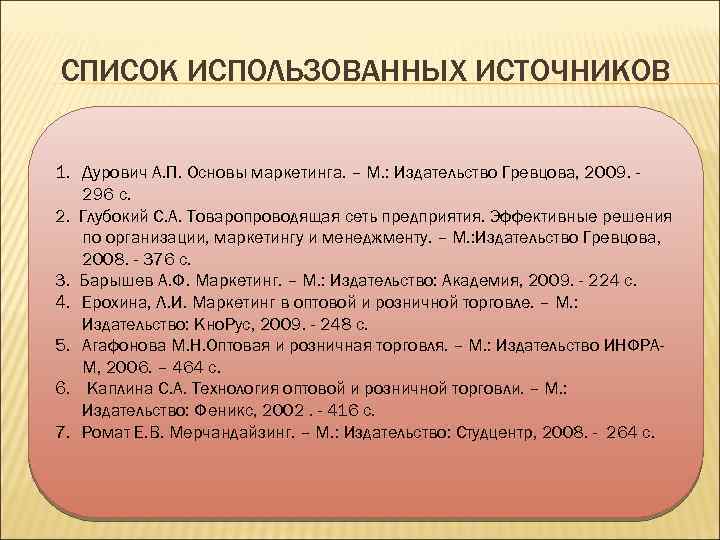 СПИСОК ИСПОЛЬЗОВАННЫХ ИСТОЧНИКОВ 1. Дурович А. П. Основы маркетинга. – М. : Издательство Гревцова,