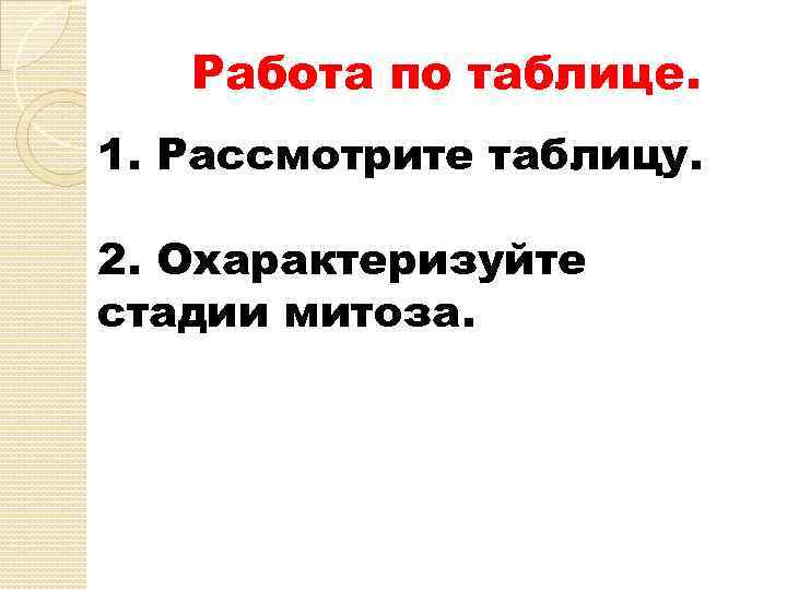 Работа по таблице. 1. Рассмотрите таблицу. 2. Охарактеризуйте стадии митоза. 
