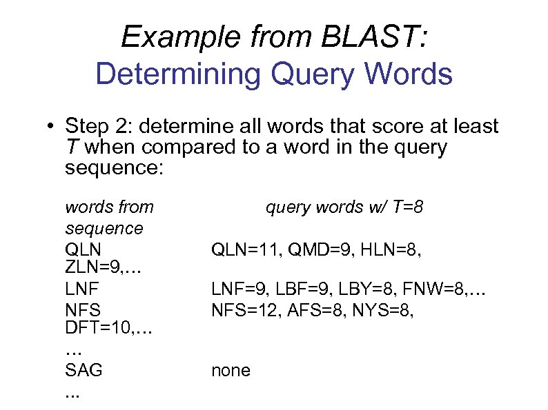 Example from BLAST: Determining Query Words • Step 2: determine all words that score