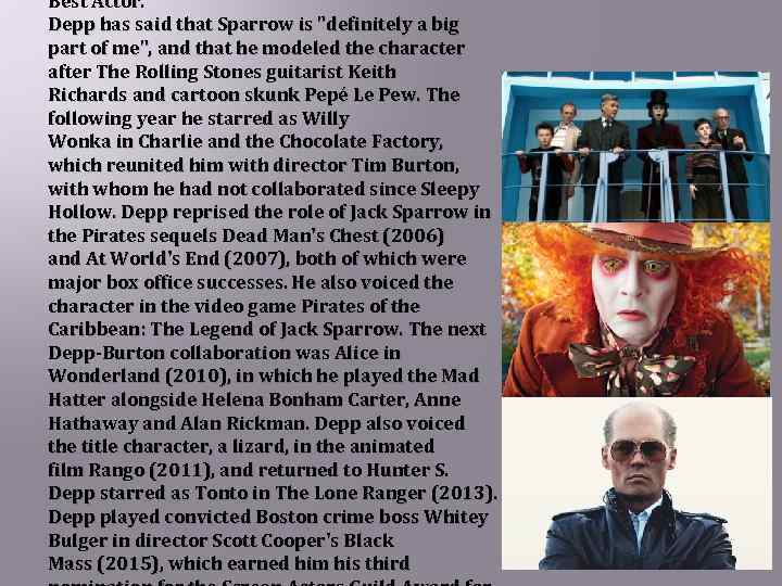 Best Actor. Depp has said that Sparrow is "definitely a big part of me",