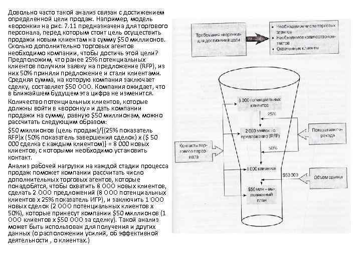 Довольно часто такой анализ связан с достижением определенной цели продаж. Например, модель «воронки» на