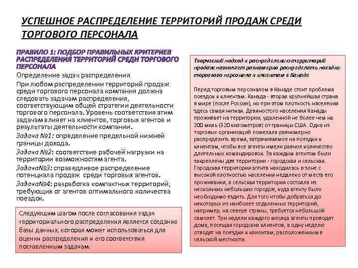 УСПЕШНОЕ РАСПРЕДЕЛЕНИЕ ТЕРРИТОРИЙ ПРОДАЖ СРЕДИ ТОРГОВОГО ПЕРСОНАЛА Определение задач распределения При любом распределении территорий