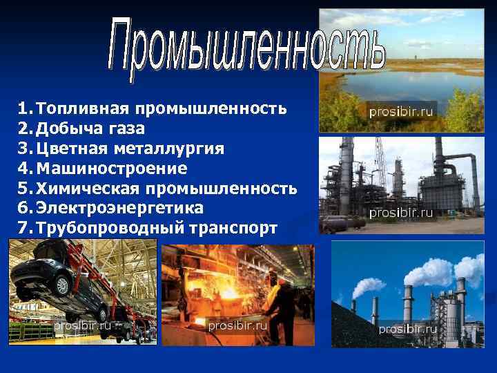 1. Топливная промышленность 2. Добыча газа 3. Цветная металлургия 4. Машиностроение 5. Химическая промышленность