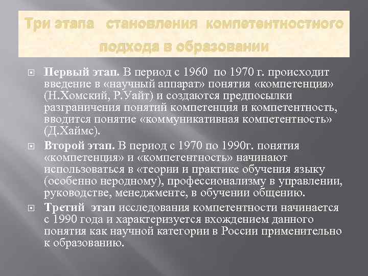 Три этапа становления компетентностного подхода в образовании Первый этап. В период с 1960 по