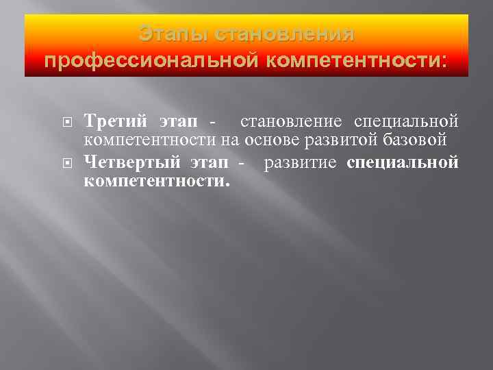 Этапы становления профессиональной компетентности: Третий этап - становление специальной компетентности на основе развитой базовой