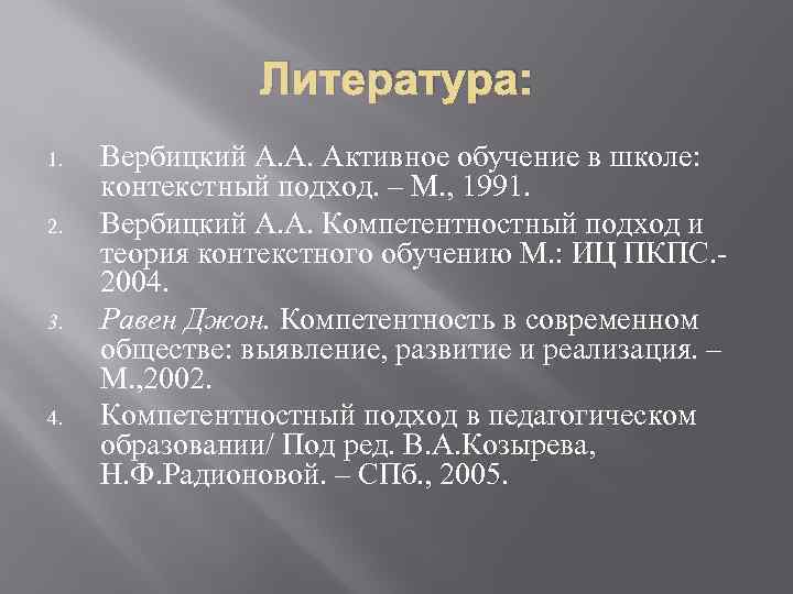 Литература: 1. 2. 3. 4. Вербицкий А. А. Активное обучение в школе: контекстный подход.