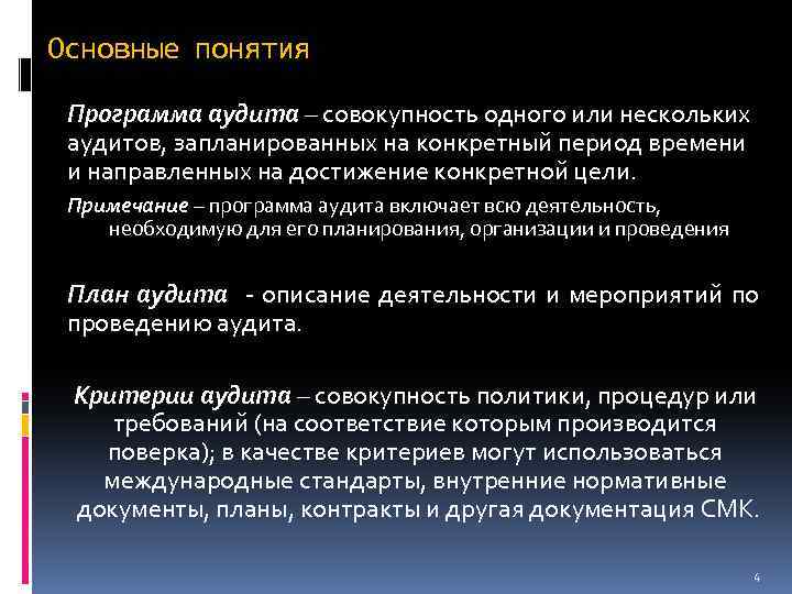 Основные понятия Программа аудита – совокупность одного или нескольких аудитов, запланированных на конкретный период