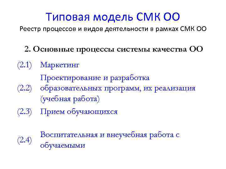 Типовая модель СМК ОО Реестр процессов и видов деятельности в рамках СМК ОО 2.