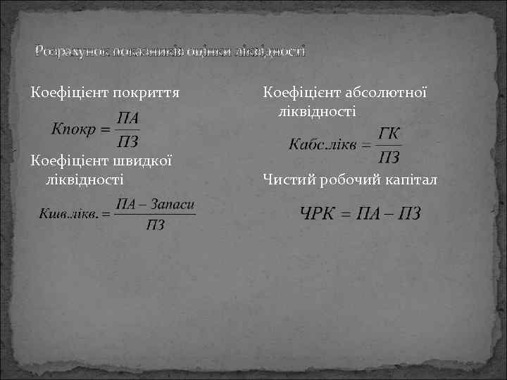 Розрахунок показників оцінки ліквідності Коефіцієнт покриття Коефіцієнт швидкої ліквідності Коефіцієнт абсолютної ліквідності Чистий робочий