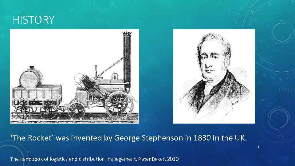 HISTORY ‘The Rocket’ was invented by George Stephenson in 1830 in the UK. 6