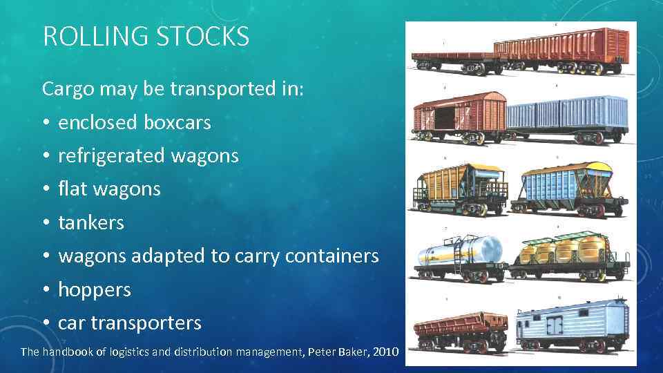 ROLLING STOCKS Cargo may be transported in: • • enclosed boxcars refrigerated wagons flat