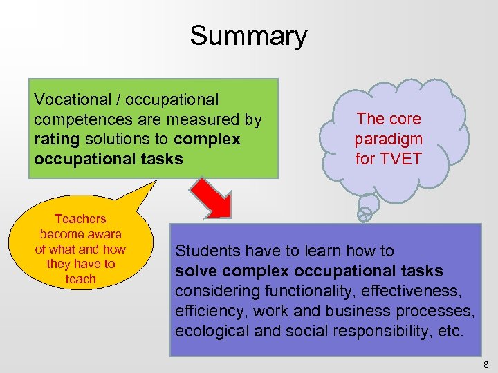 Summary Vocational / occupational competences are measured by rating solutions to complex occupational tasks