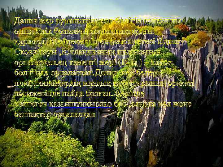 Дания жер аумағының көп бөлігін толқынды онша биік болмаған жазықтықтардан құралған. Мемлекеттің ең биік