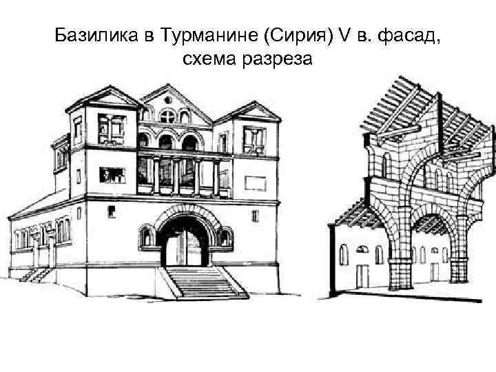 Базилика в Турманине (Сирия) V в. фасад, схема разреза 