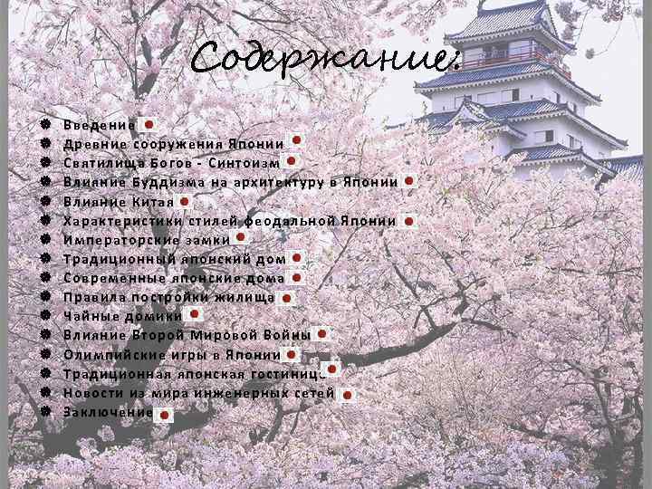 Содержание: Введение Древние сооружения Японии Святилища Богов - Синтоизм Влияние Буддизма на архитектуру в