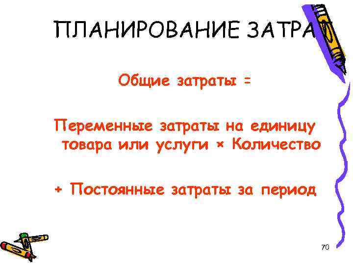 ПЛАНИРОВАНИЕ ЗАТРАТ Общие затраты = Переменные затраты на единицу товара или услуги × Количество