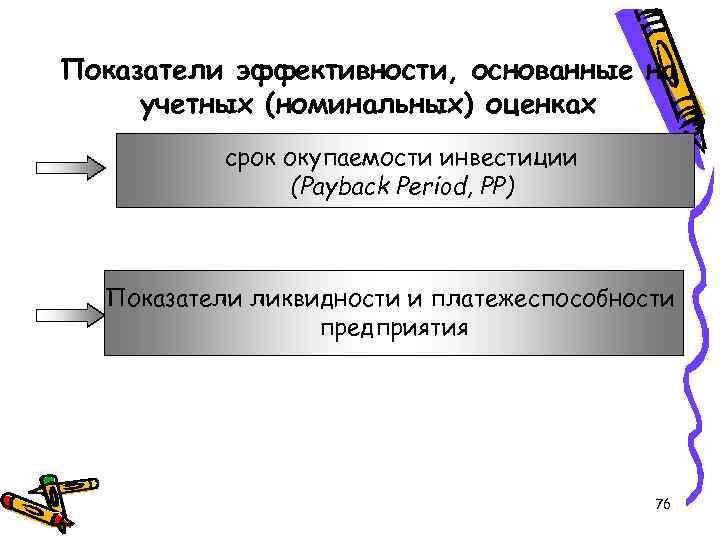 Показатели эффективности, основанные на учетных (номинальных) оценках срок окупаемости инвестиции (Payback Period, PP) Показатели