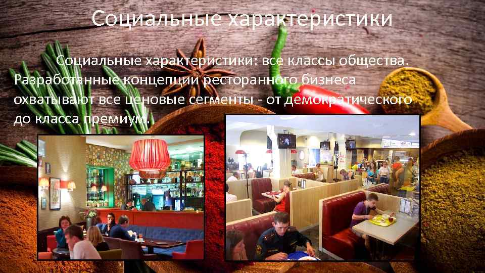 Социальные характеристики: все классы общества. Разработанные концепции ресторанного бизнеса охватывают все ценовые сегменты -