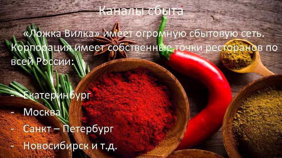 Каналы сбыта «Ложка Вилка» имеет огромную сбытовую сеть. Корпорация имеет собственные точки ресторанов по