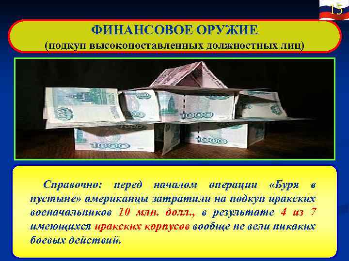 15 ФИНАНСОВОЕ ОРУЖИЕ (подкуп высокопоставленных должностных лиц) Справочно: перед началом операции «Буря в пустыне»