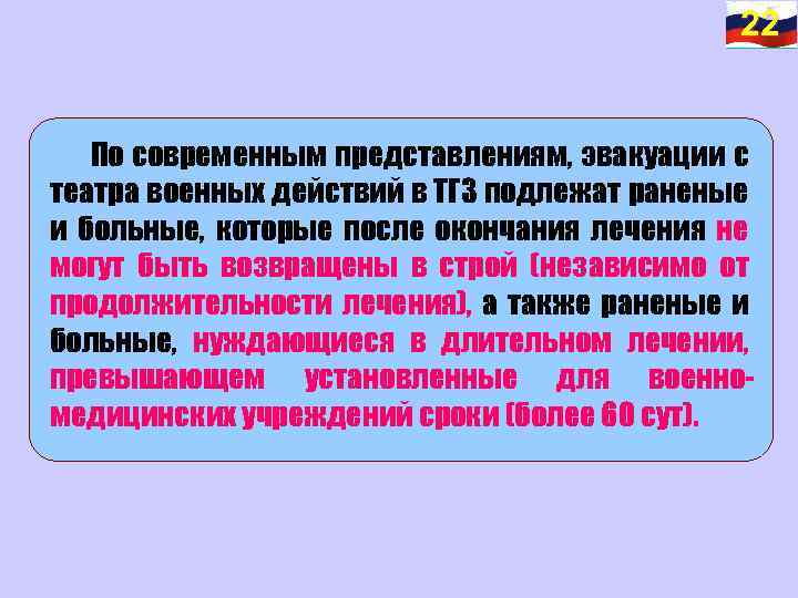22 По современным представлениям, эвакуации с театра военных действий в ТГЗ подлежат раненые и