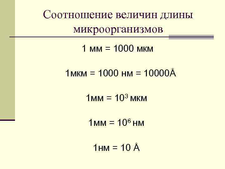 Соотношение величин длины микроорганизмов 1 мм = 1000 мкм 1 мкм = 1000 нм